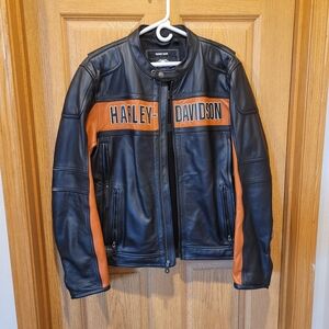 Harley-Davidson Men's Black and Orange Leather Bomber Jacket